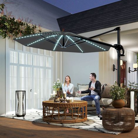 Parasol déporté en aluminium avec éclairage solaire LED. Ø 300 cm. réglable en hauteur. avec pied à manivelle. protection UV50+. gris foncé