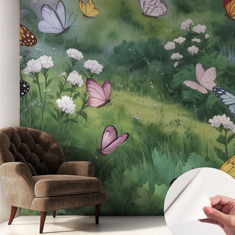 Papier peint autocollant avec imprimé décoratif pour salon et chambre à coucher Installation facile Papillons dans la prairie 250x250 cm (1/5)