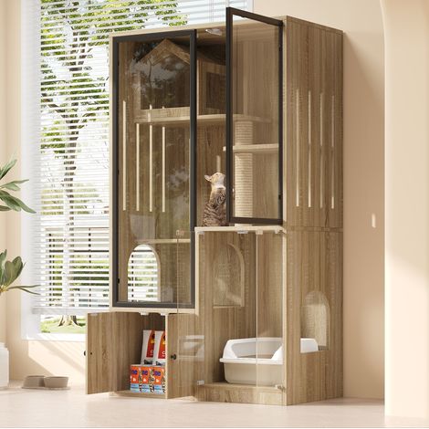 Maison pour chat 90x50x160 cm avec porte vitree, griffoirs en jute et rangement, couleur bois naturel