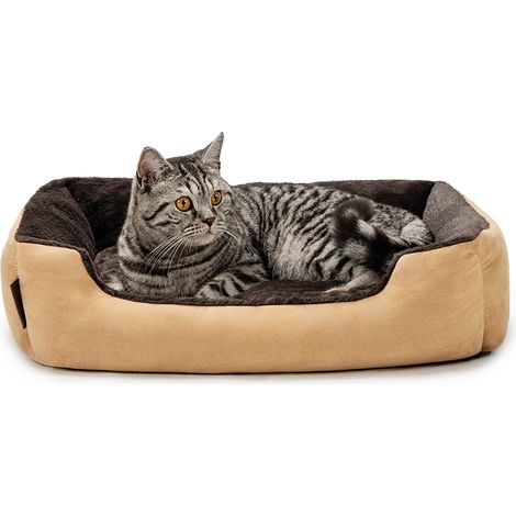 lionto Katzenbett, weiches Kuschelbett mit herausnehmbarem Wendekissen & Anti-Rutsch-Boden, pflegeleicht & modern, 60x48 cm, beige/braun (1/5)