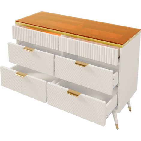 Comò cassettiera bianca con 6 cassetti, piano in vetro, 120 x 40 x 76 cm, MODENUIT (1/5)