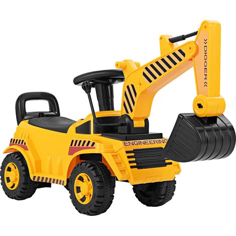 Pelleteuse enfant jaune avec pelle réglable, siège ergonomique et coffre de rangement pour jardin, parc et bac à sable (1/5)