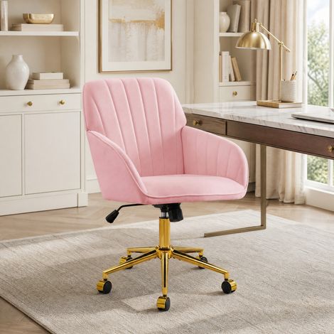 Sedia girevole da ufficio, altezza regolabile, schienale ergonomico, 360 gradi, velluto rosa (1/5)