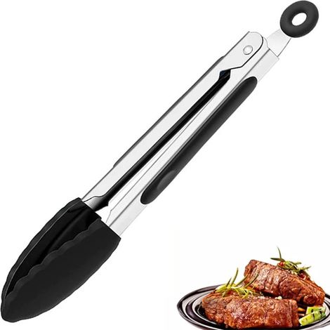 Pince Cuisine Professionnel, Pince Barbecue, Pince cuisine inox et silicone antidérapant, Thermorésistant, Ustensiles de cuisine pour cuisiner, servir et griller,18cm - Noir (1/5)
