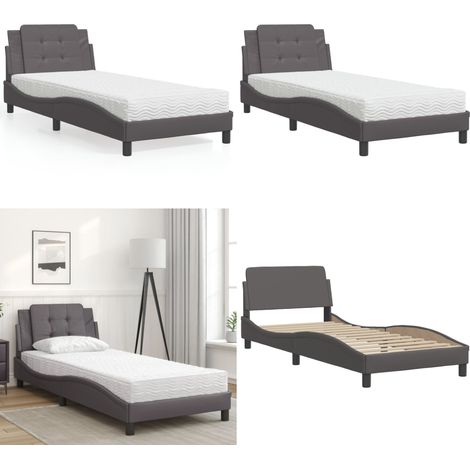 Bett mit Matratze Grau 100x200 cm Kunstleder - Schlafzimmermöbel - Bettgestell - Doppelbett - Boxspringbett - Bettenrahmen - Home & Living (1/5)