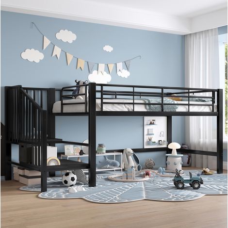 Lit mezzanine mi-hauteur 90x200 cm noir en MDF et métal avec escalier de rangement (1/5)
