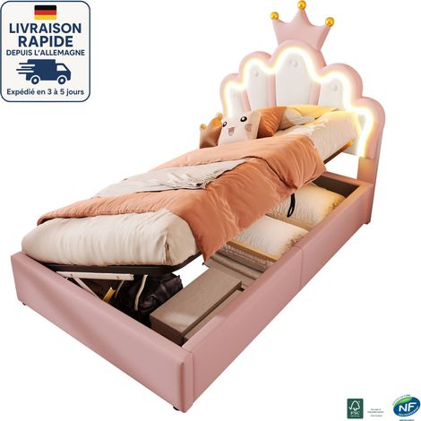 MODFU - Cama infantil con canapé 90×200cm, tapizada hidráulicamente, cabecero regulable en forma de corona, con LED, sin colchón, MDF, rosa (1/5)