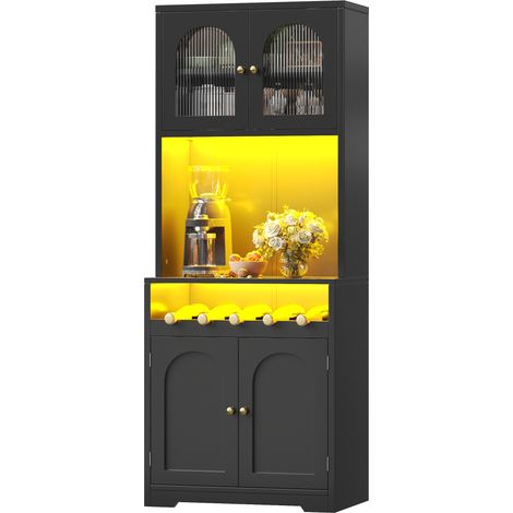 CHICFURN Buffet haut 180 cm noir avec LED RGB connectée, vitrines en verre galbé, casier à vin, étagères réglables et anti-basculement pour cuisine (1/5)