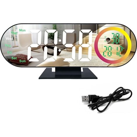 Réveil Numérique,Réveil RVB pour Table de Chevet AVCE Sonnerie, Horloge Miroir LED 23.2 9.5 5.5cm avec Port de Chargement USB, Noir (1/5)
