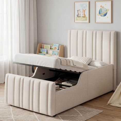 Cama infantil tapizada en lino beige, 90x200 cm, con almacenamiento hidráulico y somier de láminas incluido. (1/5)