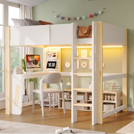 Letto a soppalco 140x200 cm in legno/MDF naturale bianco, scrivania, senza materasso - MEUBLIV (1/5)