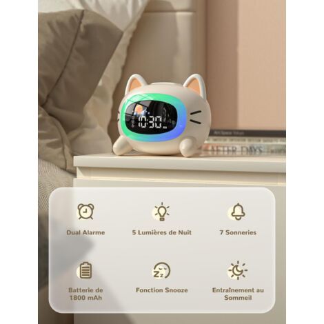 Sveglia educativa per bambini con lucina notturna, funzione sonora, 2 orari di sveglia, modalità weekend, ricaricabile, addestramento al sonno, motivo gatto (1/4)