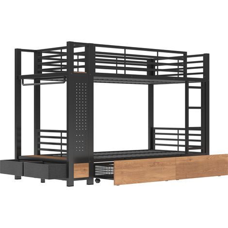 Cama litera 90 x 200 cm de metal y MDF con almacenaje, armario, estantes y LED negro MODENUIT (1/5)