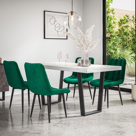 Aria Dining Table And Chairs - White Marble Effect Table Top w Black Legs + Nova Velvet Dining Chair Set Of 4 (Green) (1/5)
