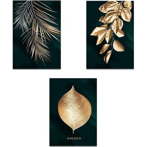 Affiche artistique en 3 feuilles, idéale pour le salon, motif feuille de palmier dorée, à accrocher. (1/5)