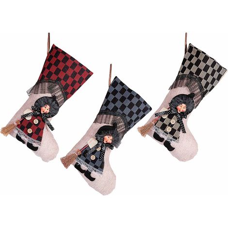 Calze Epifania in stoffa con decoro Befana in resina con scopetta da appendere, set da 9 pezzi, cm 18 x 30 H
