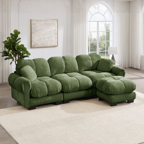 Canapé d'angle 3 places Cloud avec pouf amovible et 2 coussins déco, design capitonné chic, assises épaisses moelleuses et soutenantes, montage simple, parfait pour séjour, teinte verte (1/5)