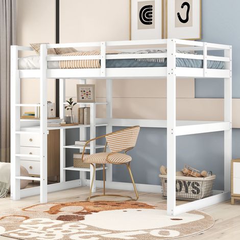 Lit mezzanine enfant 140x200 cm avec rangement, 4 étagères et bureau – cadre en pin blanc (1/5)