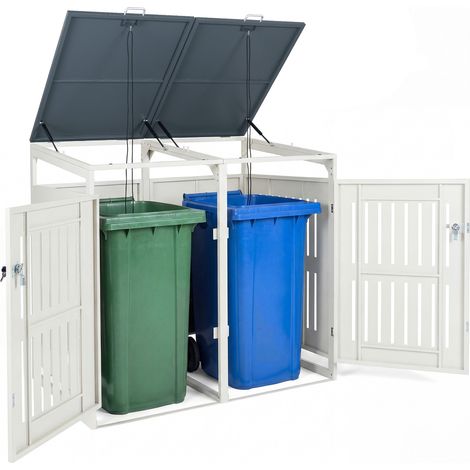 Abri pour Poubelles d'Extérieur pour 2 Conteneurs, Volume 1,24 m³ avec Amortisseurs à Gaz, Portes Verrouillables, Toit Incliné, Blanc (1/5)