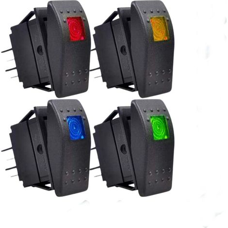 royaluxe -4pcs 12V/20A, 24V/10A Êtanche LED on/Off Bateau Interrupt à Bascule Marine avec Lumière LED(Rouge,Jaune,Bleu,Vert)+16pcs Terminale(6.3mm) (1/5)