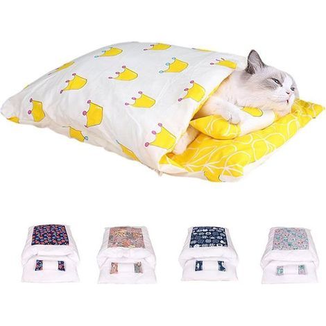 Orthopedic soft warm cat sleeping sack with removable washable cushion, offers security, yellow, size S (holds up to 4 lbs).
