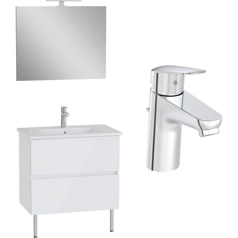 VitrA Pack meuble 80cm blanc brillant 2 tiroirs Mia Plus Square, plan céramique, miroir avec éclairage, mitigeur et vidage (1/5)