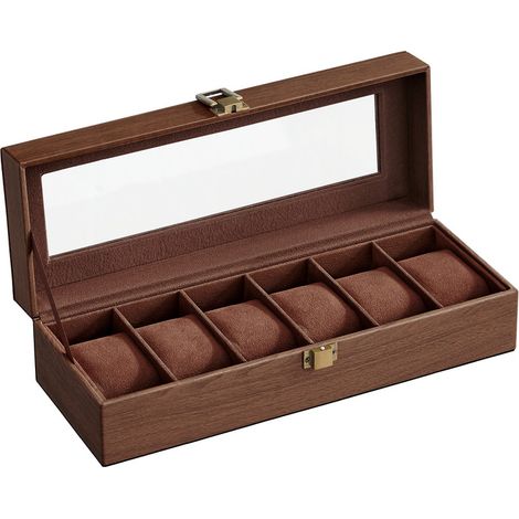 Boîte à Montres à 6 Emplacements, Coffret à Montres, Couvercle en Verre, Coussinets Amovibles, Serrure en Métal, Revêtement en Marron et Doublure en Marron (1/5)