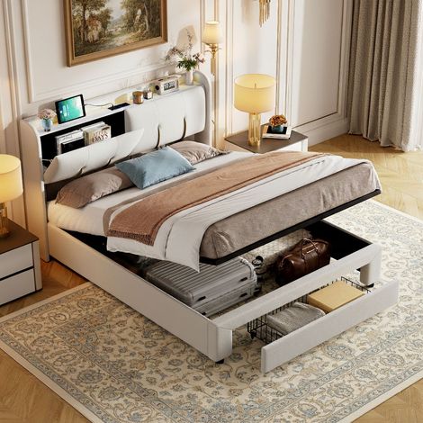 Lit coffre 160x200 cm, lit double capitonné avec éclairage LED et charge USB, cadre de lit avec tiroirs et espace de rangement, pour adultes et adolescents, velours, beige (1/5)