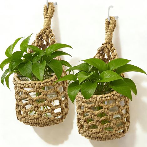 Support mural pour plantes tressé à la main, petit porte-plante suspendu, fixation murale pour pots de fleurs (convient aux pots jusqu'à 10 cm / 4 pouces) – Marron (1/5)