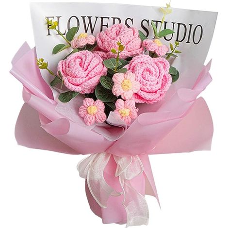 Handgehäkelter Blumenstrauß, gestrickte Kunstblumen für Partys, Valentinstag, Muttertag, Geburtstage, Geschenke, hellrosa (1/5)