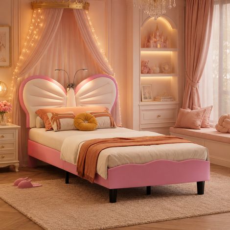 Lit capitonné 90×200cm, lampe de lecture LED, lit simple, tête de lit papillon, lit enfant, hauteur de tête de lit réglable, style moderne, Sommier à lattes, lit ado, Velours, Rose (1/5)