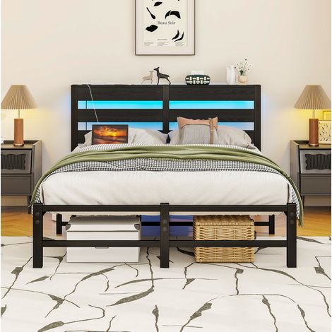 lit adulte rangement 120x200 LED USB métal bois noir OKMYHOME (1/5)