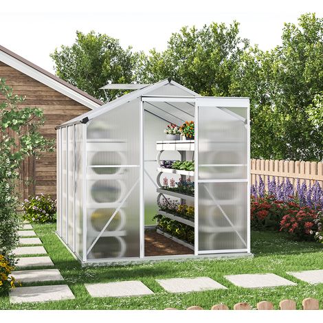 8ft x 6ft Greenhouse Polycarbonate Aluminium Greenhouse with Window and Sliding Door