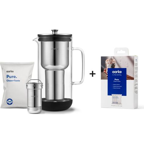 Aarke Purifier, Caraffa Filtrante Brevettata in Vetro e Acciaio Inox, 2.4L + Sacchetti Di Ricarica Per Filtri Pure Da 3 Pezzi (1/4)