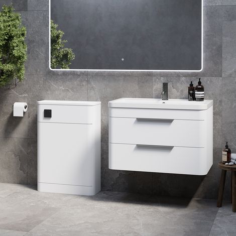 Oslo Gloss White 1350mm Wall Mounted Vanity Unit Toilet Suite with Anya Basin - 1350mm - Gunmetal Grey 300mm Finger PullWithout Jubilee Toilet Pan