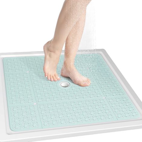 Tapis de douche carré 68,5 x 68,5 cm, en TPE antidérapant avec ventouses et trous d'évacuation, séchage rapide, bleu clair (1/5)