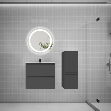 Ensemble meuble vasque L.60cm 2 tiroirs + lavabo + LED miroir rond 60cm + colonne,anthracite meuble (1/5)