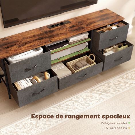 Meuble TV 140 cm, meuble télé 65 pouces, station de charge, 5 tiroirs en tissu, étagères ouvertes, 140x30x50cm, marron (1/5)