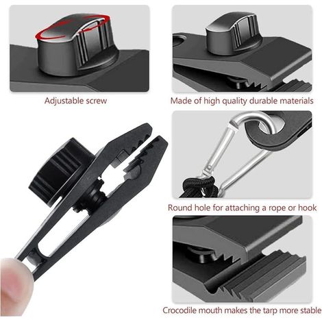 Set de Clips Bâche Noire en Plastique 10 Crochets, 10 Cordes Connectées et 10 Mousquetons pour Pergola Attache Toile et Tendeur Corde Élastique (1/5)