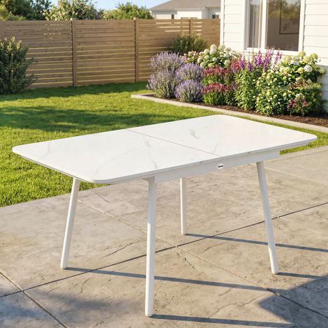 Table de Jardin Rectangulaire pour 4-6 Personnes, Plateau en WPC et Cadre en Métal, Pieds Réglables, 140x80x75cm, Blanc (1/5)