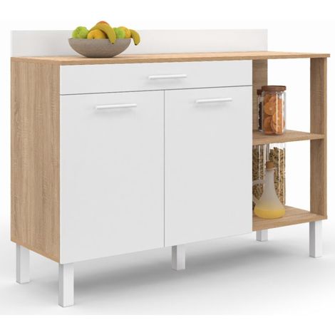 Buffet bas de cuisine 120 cm – Plan de travail H.83 cm – 2 portes + tiroir – Structure en hêtre et blanc – Dimensions 120x40x93 cm