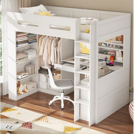 Cama alta infantil de 90x200 cm con escritorio, iluminación LED, puerto USB, 1 cajón, armario abierto, madera maciza y MDF blanco. (1/5)
