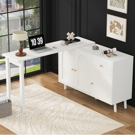 Bureau rotatif 120x40x74.5 cm blanc en panneaux de particules avec rangement 3 portes 1 tiroir (1/5)