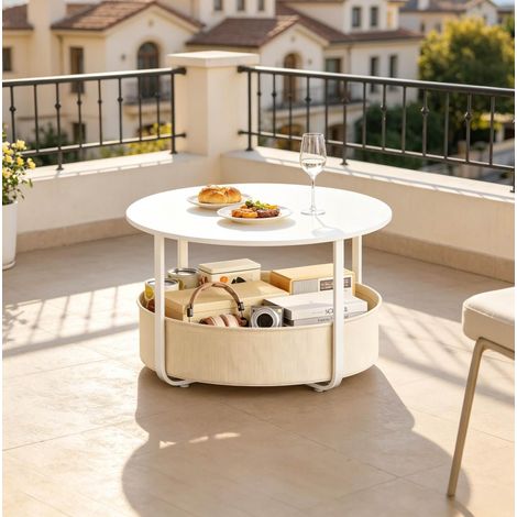 Tavolino da appoggio Ø 80 x 50 cm con cestino in tela, beige e bianco (1/5)
