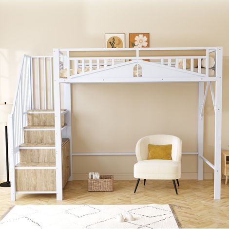Cama alta moderna de metal y madera blanca 90x200 cm con escalera con almacenaje, armario pequeño, somier de láminas y barandilla