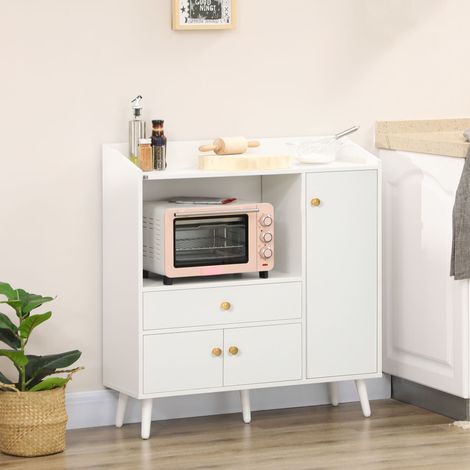 Credenza da cucina per microonde, mobile basso da cucina, mobile ausiliario per sala da pranzo con 3 ante e cassetto, 90x30x94 cm, bianco (1/5)