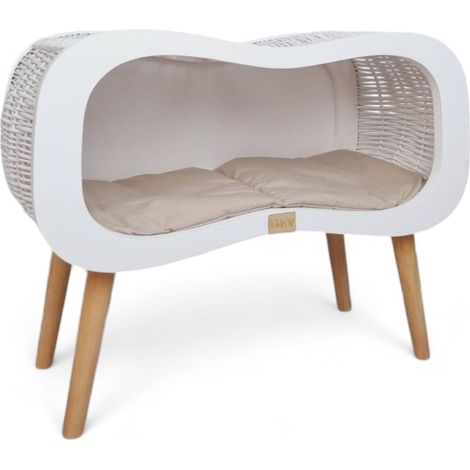 Exklusives Infinity-Katzenbett aus weißem Korbgeflecht auf Beinen mit Matratze. Elegantes handgewebtes Korbhaus für Tiere. (1/5)