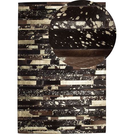 Tappeto patchwork in pelle 160 x 230 cm nero e oro Artvin