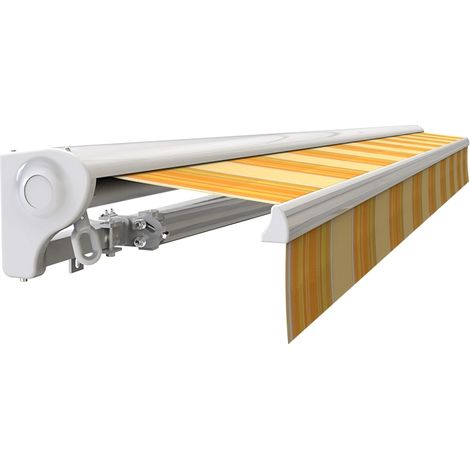 Store banne demi-coffre motorisé et manuel – Jaune rayé – 2.5m x 2m – Aluminium extrudé – Protection UV et imperméable – Sunny Inch
