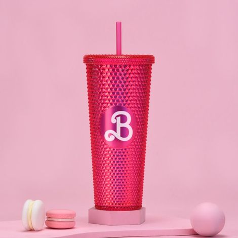 Mug rose à clous, tasse rose, gourde de 710 ml avec paille pour filles, produit dérivé de film, mug de voyage unisexe, compatible avec les porte-gobelets, pour la maison, le bureau et les déplacements (1/4)